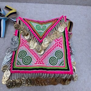 Handmade Hmong Tribal Embroidered Coin Pouch Small Pink Neon Waist Pouch Bag OS